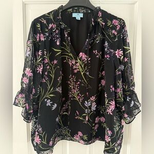 Cece Clip Dot Blouse with Pink and Purple Floral Design